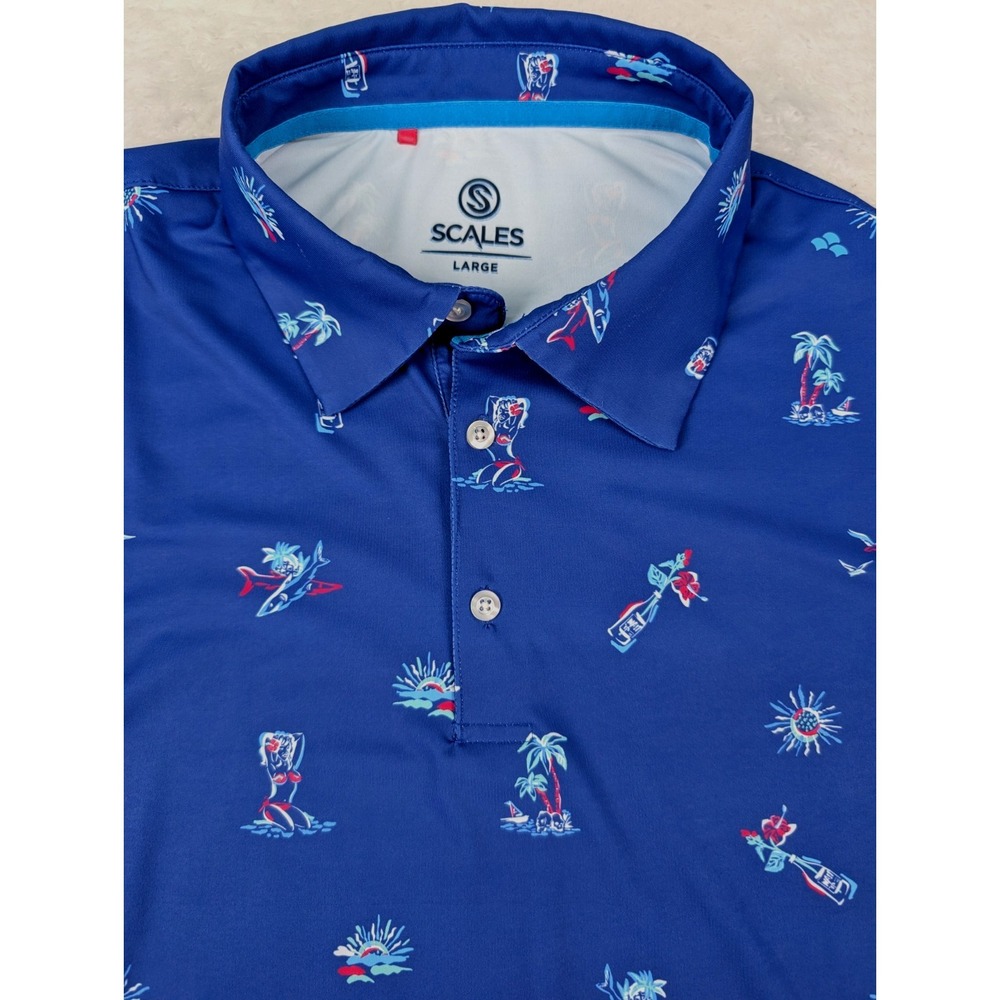 Scales Polo Shirt Men's L Blue Golf Tropical All Over Print Stretch Short Sleeve